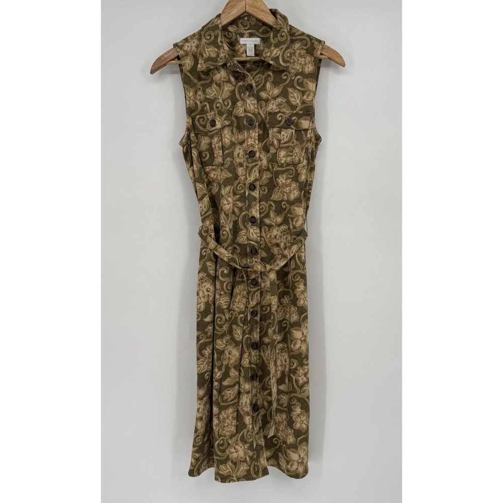 Y2K Charter Club Sleeveless Button Front Dress Women's Size 8 Green Beige Floral